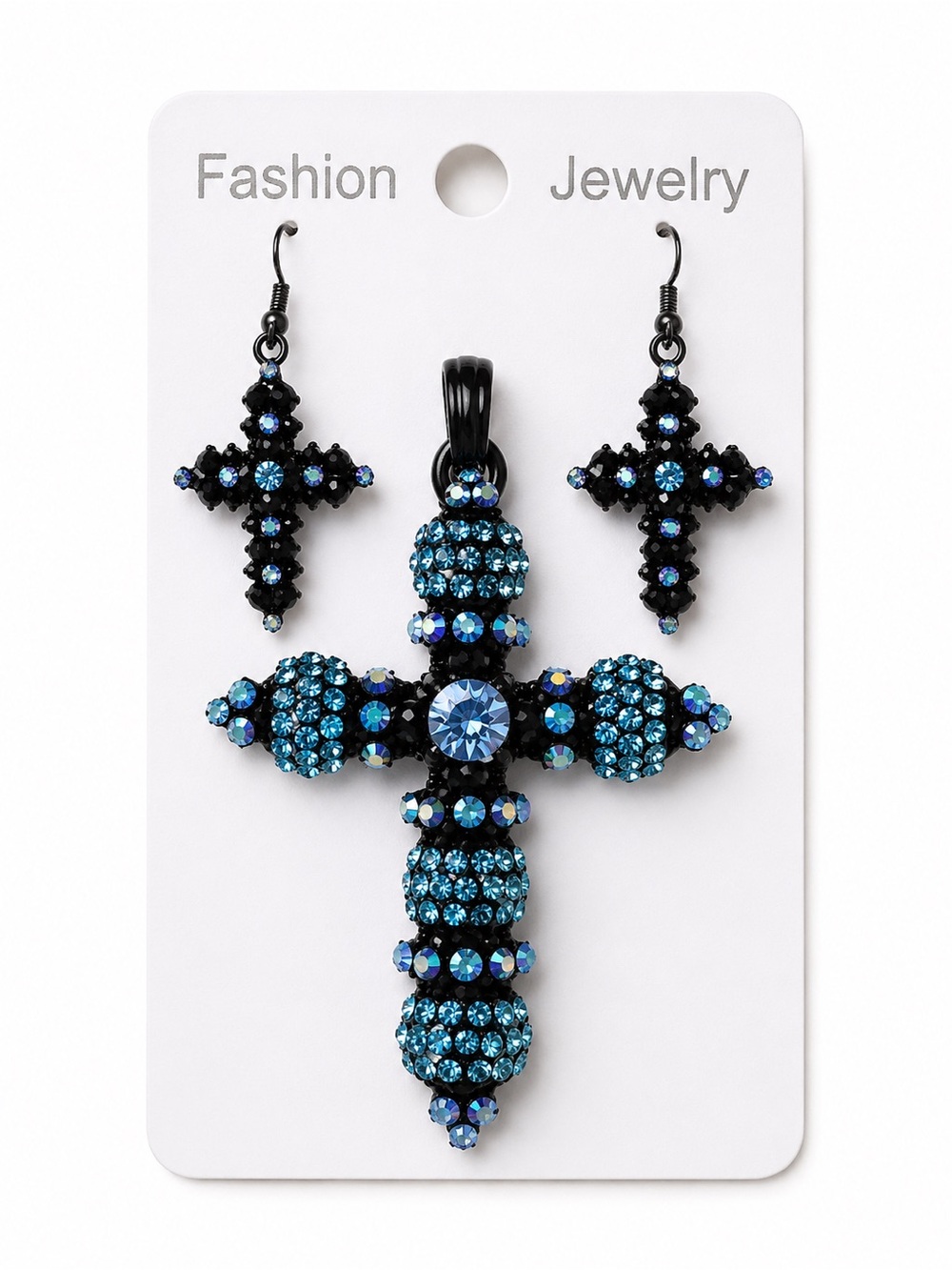 Fashion Jewelry Blue Crystal Cross Pendant and Earrings Set